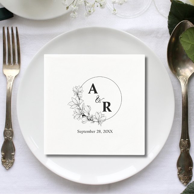 Cute Rustic Floral Wreath Custom Wedding Initials Napkins (Rustic floral wreath custom initials napkins add a charming personal touch to your wedding table)