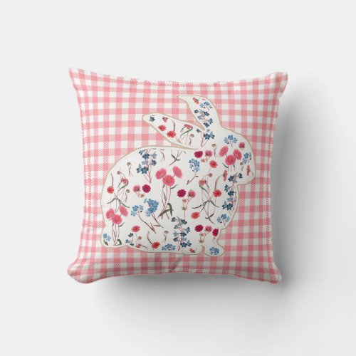 Cute Rustic Flower Easter Bunny Pink Plaid Throw Pillow