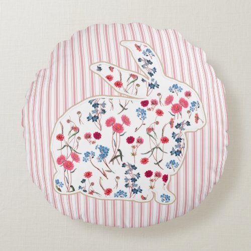 Cute Rustic Flower Easter Bunny Pink Stripes Round Pillow