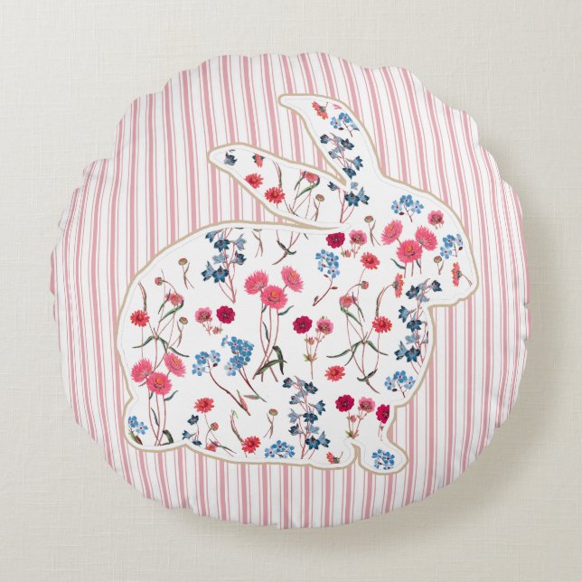 Cute Rustic Flower Easter Bunny Pink Stripes Round Pillow (Front)