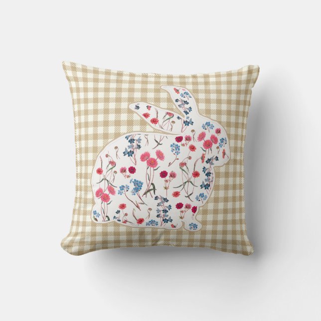 Cute Rustic Flower Easter Rabbit Beige Plaid Throw Pillow (Front)