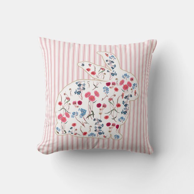 Cute Rustic Flower Easter Rabbit Pink Stripes Throw Pillow (Front)