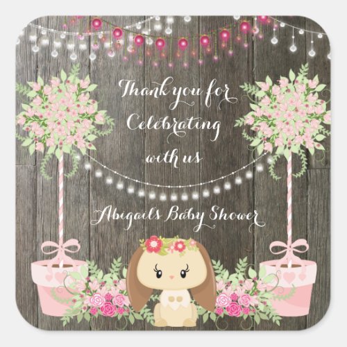 Cute Rustic Girl Bunny Pink Flowers Baby Shower Square Sticker