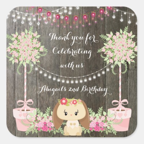 Cute Rustic Girl Bunny Pink Flowers Birthday Square Sticker