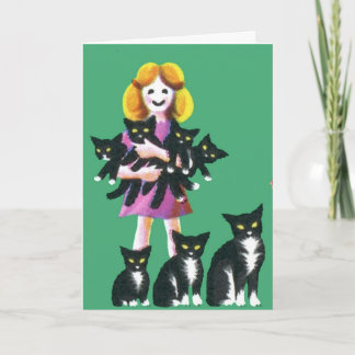 Cute Rustic Girl with Cats Pastel Drawing Card