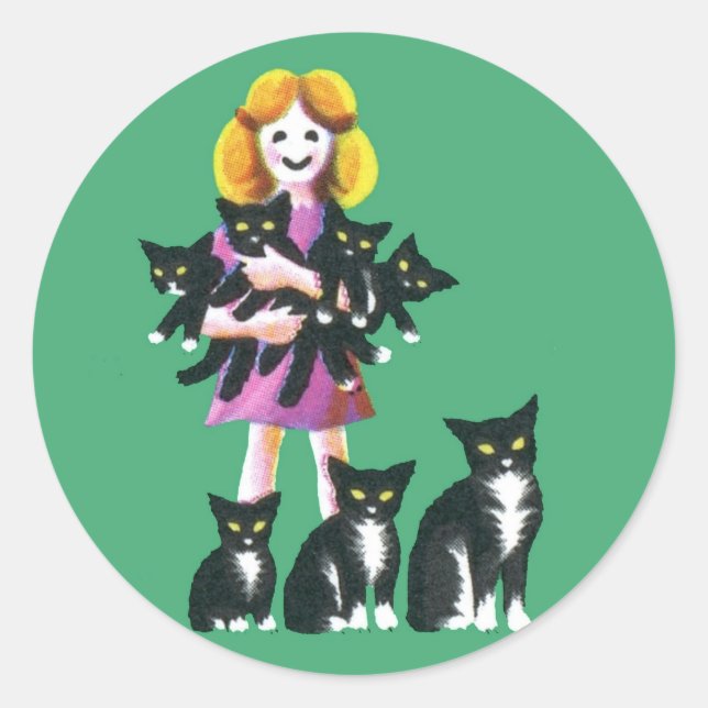Cute Rustic Girl with Cats Pastel Drawing Classic Round Sticker (Front)