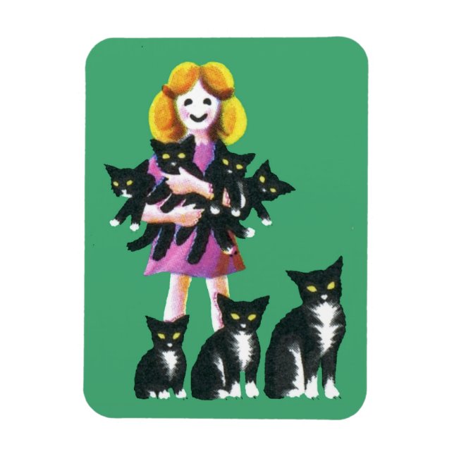 Cute Rustic Girl with Cats Pastel Drawing Magnet (Vertical)