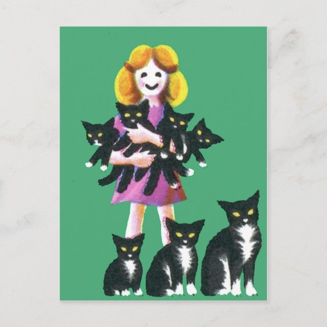 Cute Rustic Girl with Cats Pastel Drawing Postcard (Front)