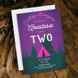 Cute Rustic Girly Purple Pink Camping 2nd Bday Invitation