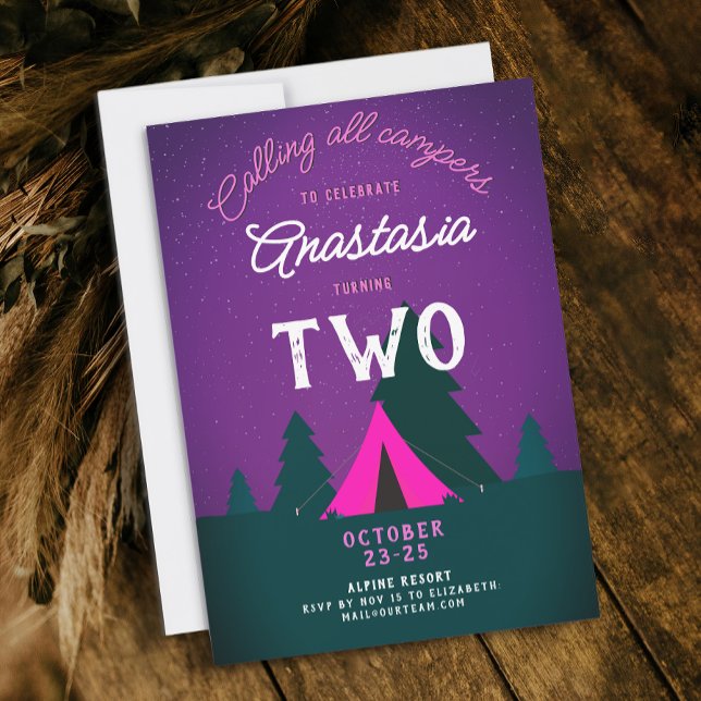Cute Rustic Girly Purple Pink Camping 2nd Bday Invitation (Creator Uploaded)