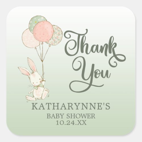 Cute Rustic Green Bunny Baby Shower Thank You Square Sticker