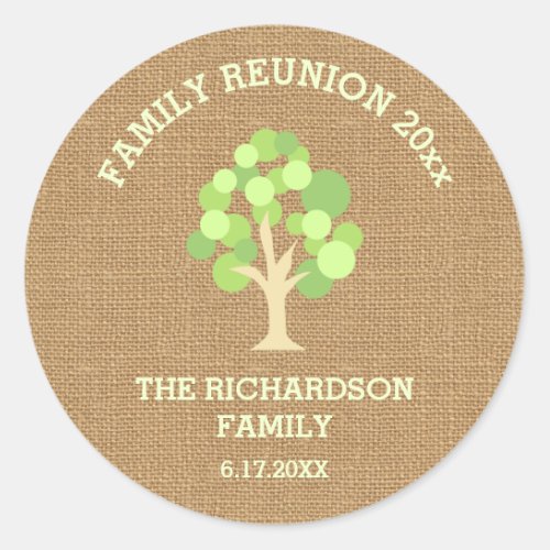 Cute Rustic Green Tree and Burlap Family Reunion Classic Round Sticker