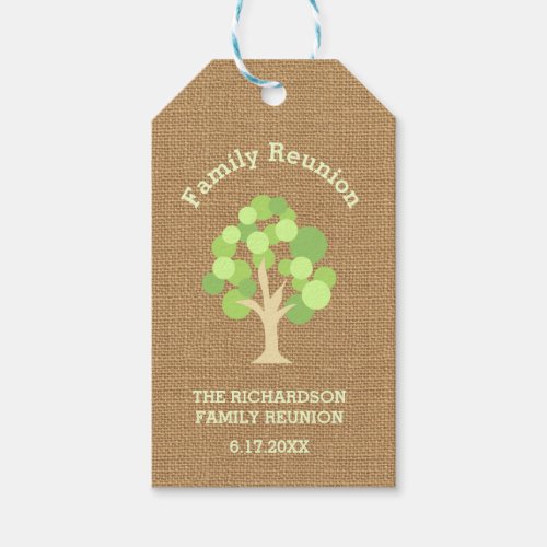 Cute Rustic Green Tree and Burlap Family Reunion Gift Tags