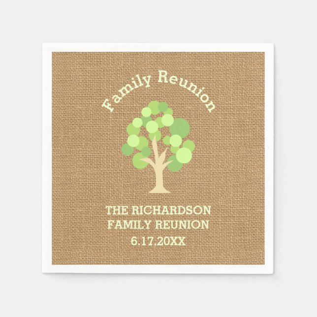 Cute Rustic Green Tree and Burlap Family Reunion Paper Napkins (Front)