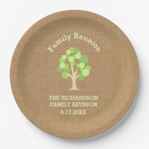 Cute Rustic Green Tree and Burlap Family Reunion Paper Plates