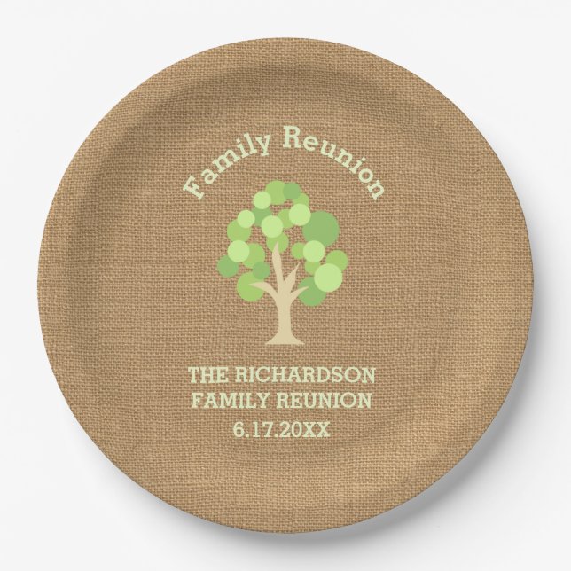 Cute Rustic Green Tree and Burlap Family Reunion Paper Plates (Front)