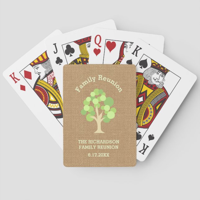 Cute Rustic Green Tree and Burlap Family Reunion Poker Cards (Back)