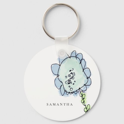 Cute Rustic Kid Drawn Aqua Blue Flower Watercolor Keychain