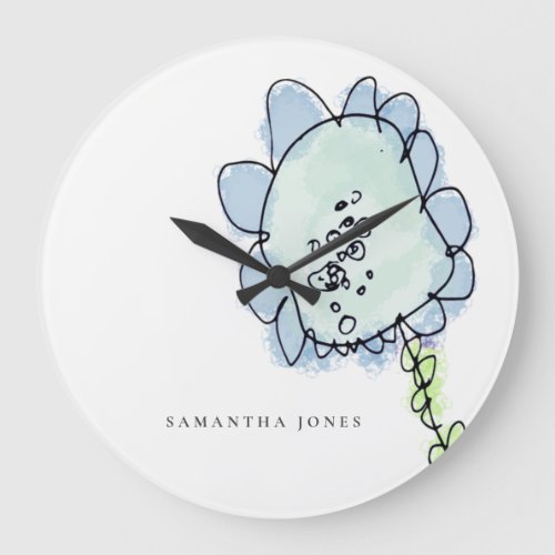 Cute Rustic Kid Drawn Aqua Blue Flower Watercolor Large Clock