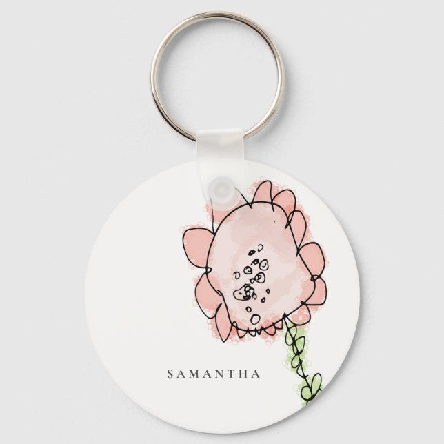 Cute Rustic Kid Drawn Blush Pink Flower Watercolor Keychain (Front)