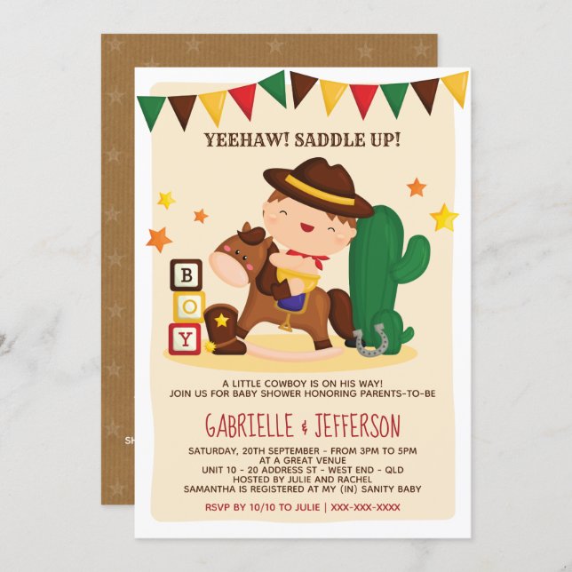 Cute Rustic Little Cowboy Baby Shower Theme Invitation (Front/Back)