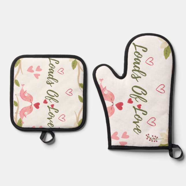 Cute Rustic Loads of Love Floral Oven Mitt & Pot Holder Set (Front)