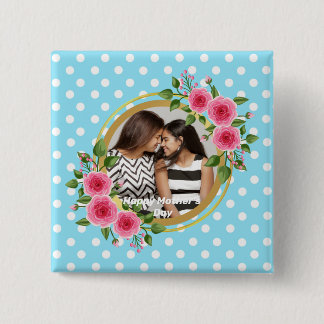 Cute Rustic Meadow Floral Wreath Photo Mothers day Button