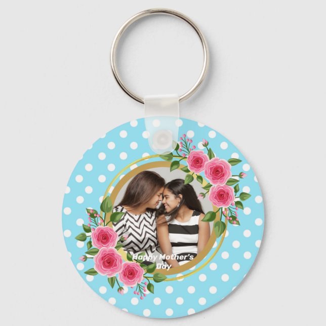 Cute Rustic Meadow Floral Wreath Photo Mothers day Keychain (Front)