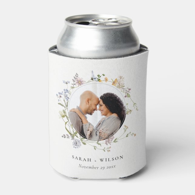 Cute Rustic Meadow Floral Wreath Photo Wedding Can Cooler (Can Front)