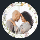 Cute Rustic Meadow Floral Wreath Photo Wedding Classic Round Sticker<br><div class="desc">If you need any further customisation please feel free to message me on yellowfebstudio@gmail.com.</div>