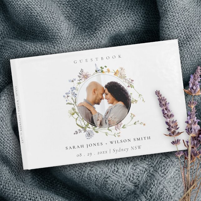 Cute Rustic Meadow Floral Wreath Photo Wedding Guest Book (Creator Uploaded)