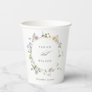 Cute Rustic Meadow Floral Wreath Photo Wedding Paper Cups