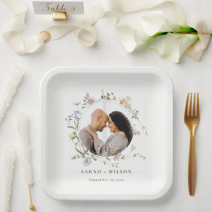Cute Rustic Meadow Floral Wreath Photo Wedding Paper Plates