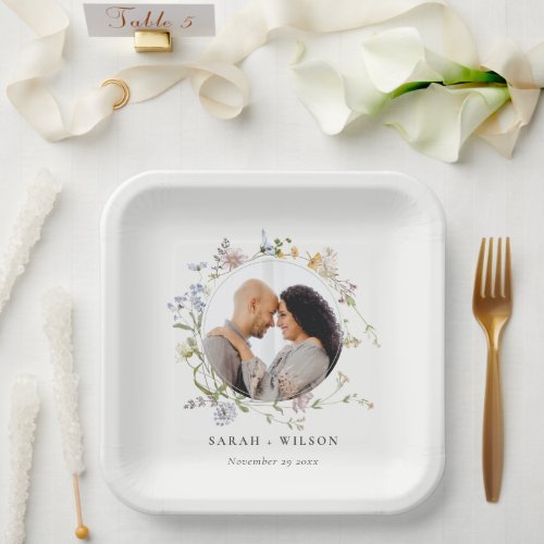 Cute Rustic Meadow Floral Wreath Photo Wedding Paper Plates