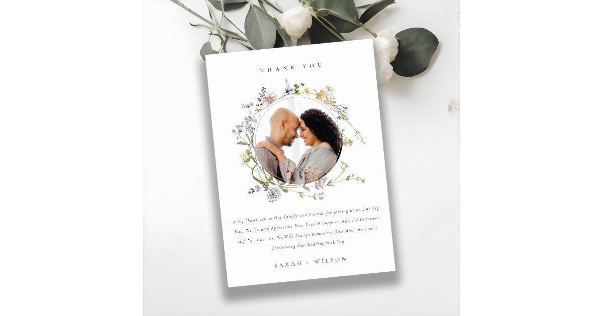 Cute Rustic Meadow Floral Wreath Wedding Photo Thank You Card | Zazzle
