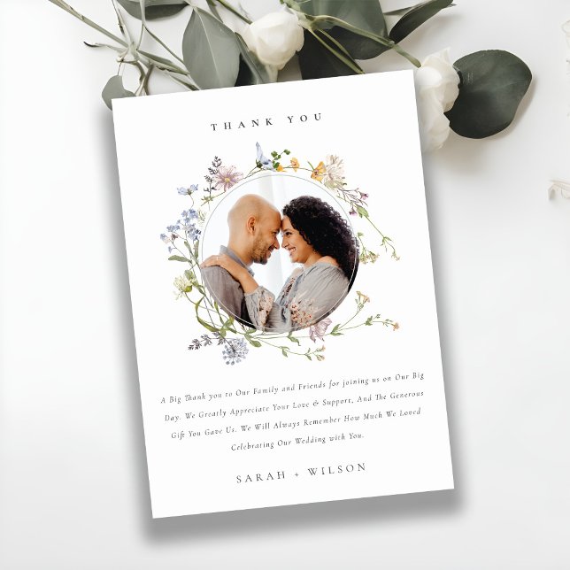 Cute Rustic Meadow Floral Wreath Wedding Photo Thank You Card (Creator Uploaded)