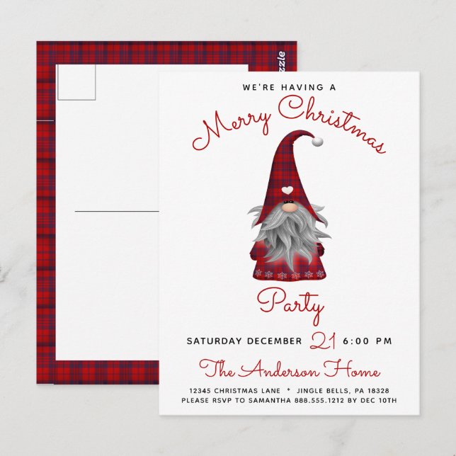 Cute Rustic Merry Christmas Gnome Party Invitation Postcard (Front/Back)