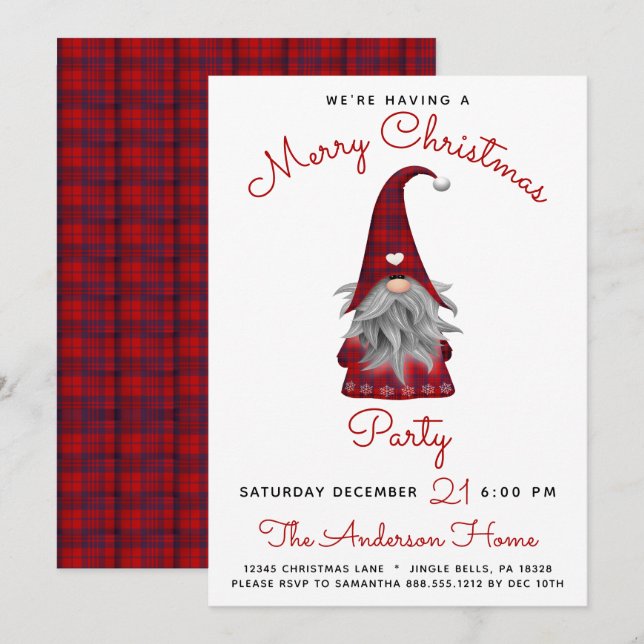 Cute Rustic Merry Christmas Party Plaid Gnome  Invitation (Front/Back)