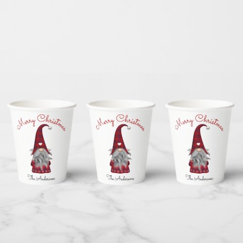 Cute Rustic Merry Christmas Party Plaid Gnome Pape Paper Cups