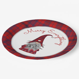 Cute Rustic Merry Christmas Plaid Gnome Paper Plates