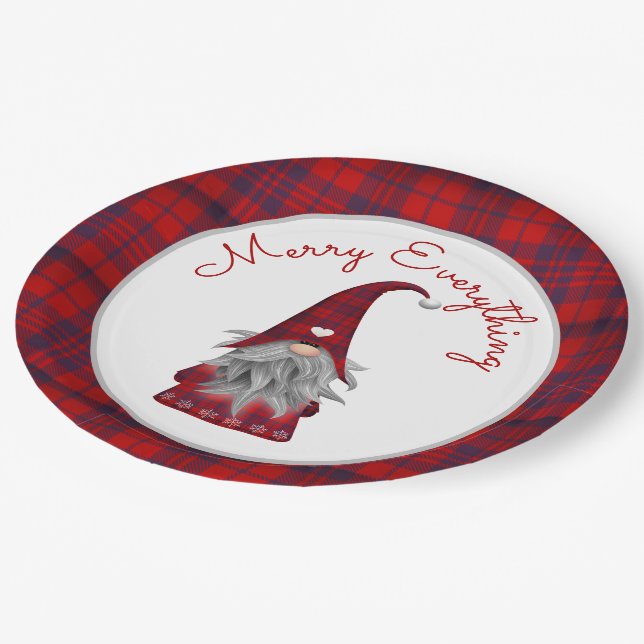 Cute Rustic Merry Christmas Plaid Gnome Paper Plates (Angled)