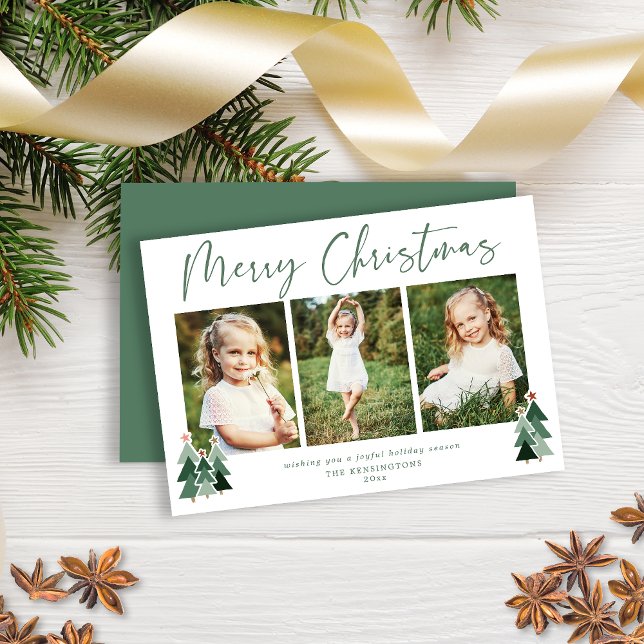 Cute Rustic Modern Merry Christmas 3 Photo Holiday Card (Rustic Sage Green Christmas Card)