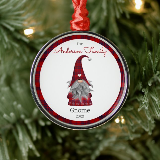 Cute Rustic Personalized Christmas Gnome Elf Metal Ornament (Tree)