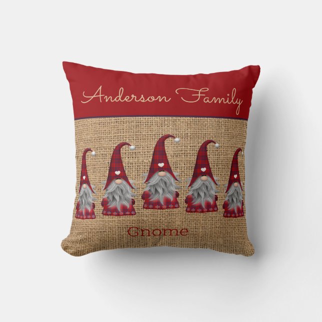 Cute Rustic Personalized Christmas Gnome Elf Throw Pillow (Front)
