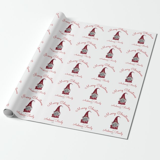 Cute Rustic Personalized Merry Christmas Gnome Wrapping Paper (Unrolled)