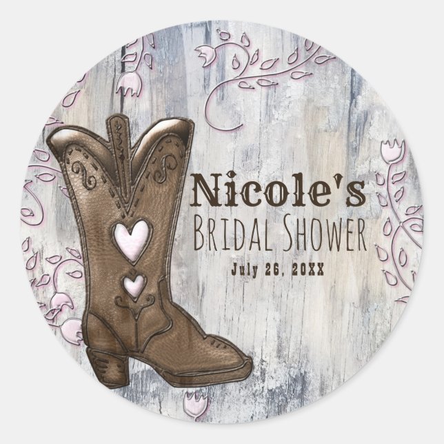 Cute Rustic Pink Cowgirl Heart Boots Bridal Shower Classic Round Sticker (Front)