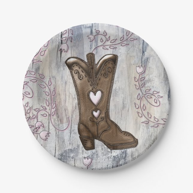Cute Rustic Pink Cowgirl Heart Boots Bridal Shower Paper Plates (Front)