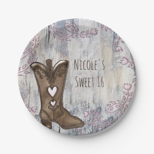 Cute Rustic Pink Cowgirl Heart Boots Bridal Shower Paper Plates