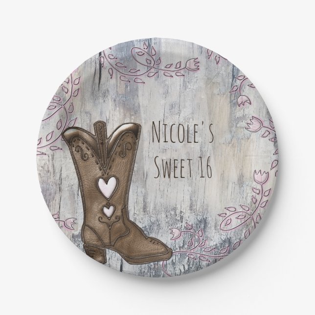 Cute Rustic Pink Cowgirl Heart Boots Bridal Shower Paper Plates (Front)