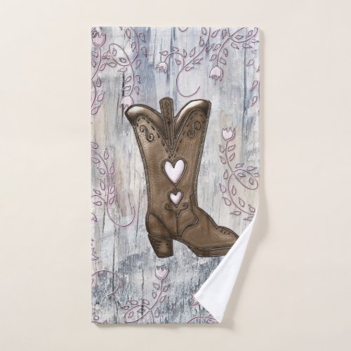 Cute Rustic Pink Cowgirl Heart Boots Farmhouse  Bath Towel Set